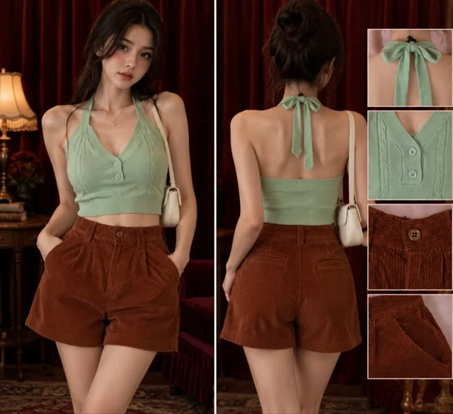 ست تاپ یقه هالتر و شورتک کبریتی